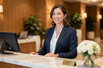 Réceptionniste souriante dans un hall d'hôtel moderne, illustration d'un accueil chaleureux et professionnel