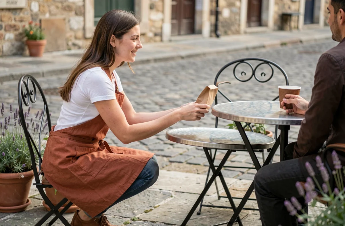 Serveuse accueillante sur une terrasse de café français remettant une commande à un client avec le sourire