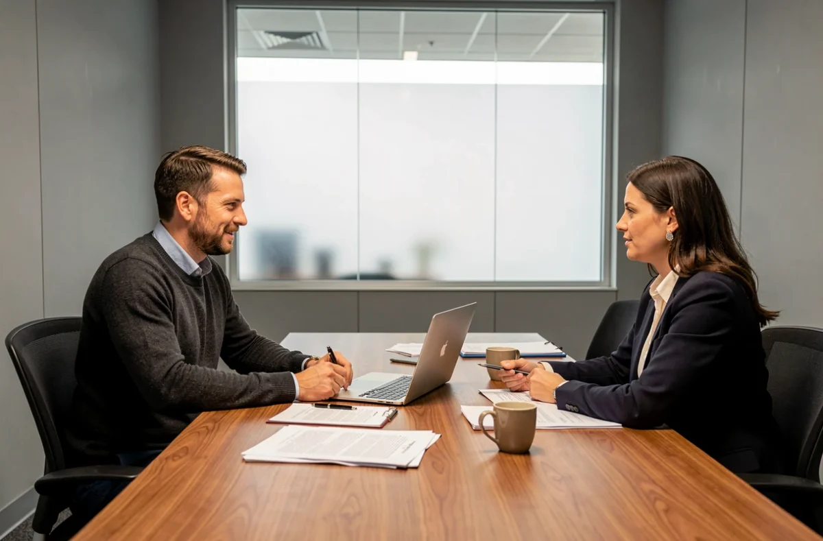 Acteur en négociation de contrat avec un directeur de casting dans une salle de réunion