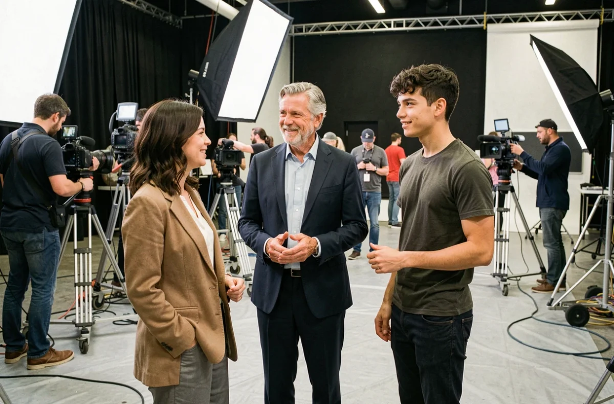 Groupe d'acteurs sur un plateau de tournage publicitaire professionnel entre deux prises