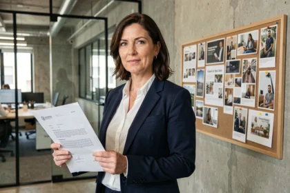Actrice professionnelle tenant un contrat publicitaire dans une agence de publicité moderne