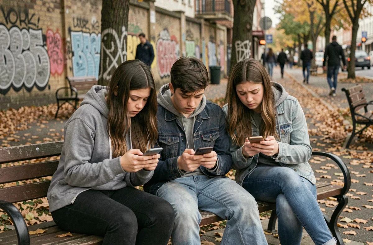 Groupe d'adolescents absorbés par leurs smartphones dans un parc, illustrant l'impact négatif des réseaux sociaux et du marketing d'influence sur la jeunesse