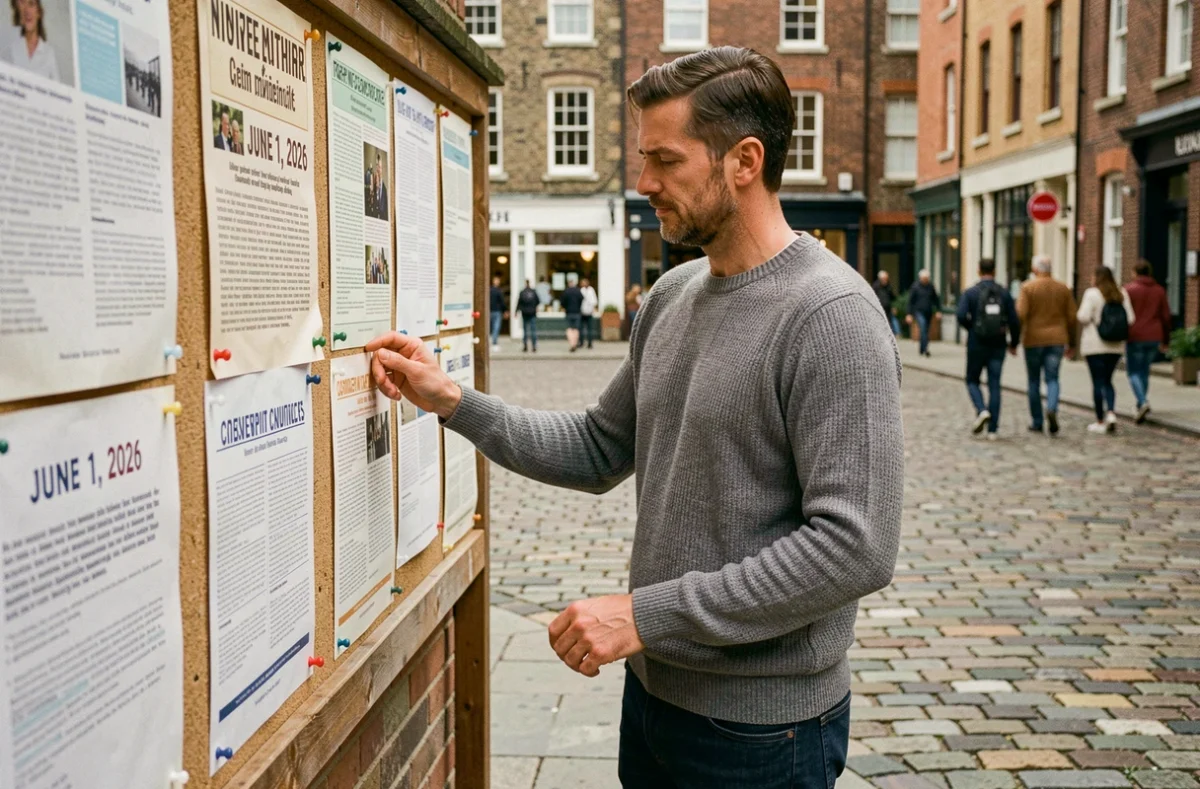 Homme lisant une affiche d'information sur les nouvelles mesures entrant en vigueur le 1er juin 2026 en milieu urbain