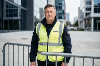 Agent de sécurité en gilet jaune réfléchissant devant un périmètre de sécurité à l'entrée d'un bâtiment corporate