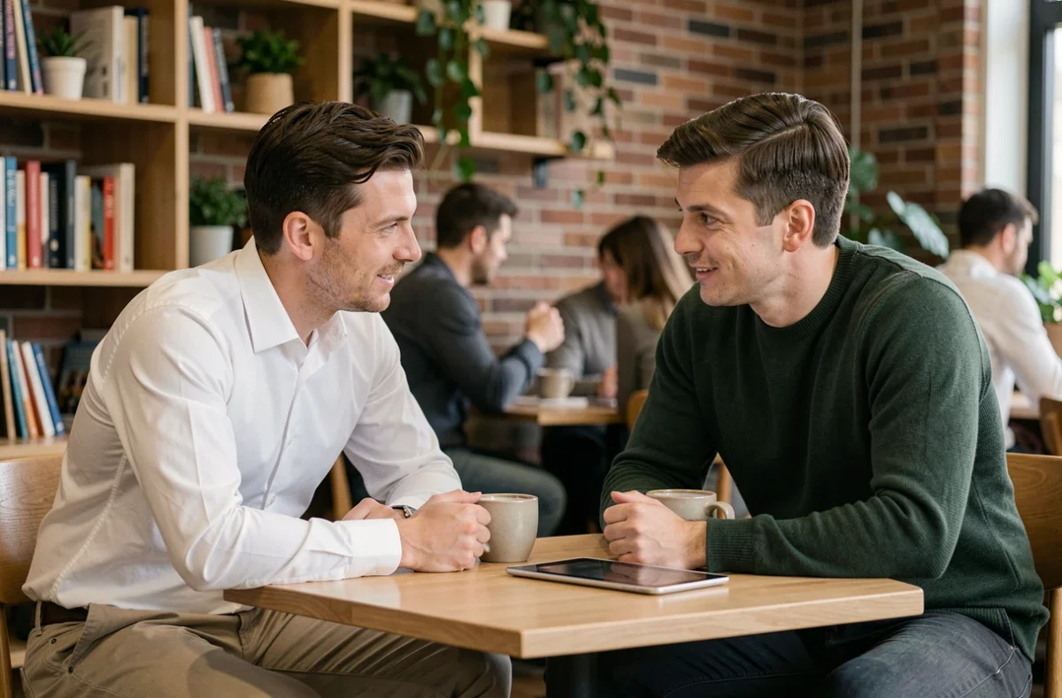 Deux collègues masculins en conversation informelle et constructive dans un espace de pause d'entreprise moderne