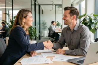 Deux collègues qui se serrent la main chaleureusement lors d'une réunion professionnelle dans un bureau moderne