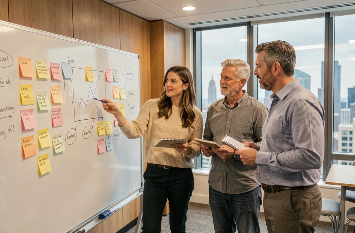 Équipe de collègues en session de brainstorming collaboratif devant un tableau blanc dans une salle de réunion moderne