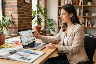 Femme analysant des tendances sur un ordinateur portable dans un espace de coworking moderne