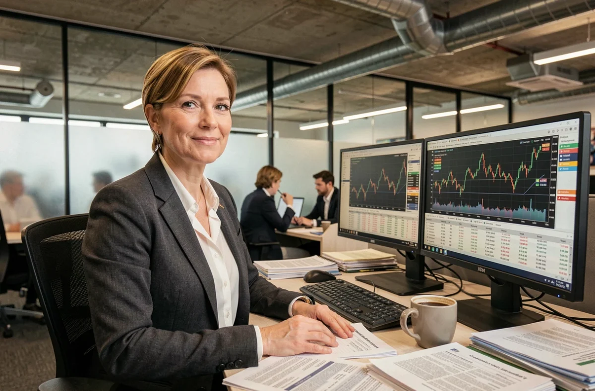 Analyste financière étudiant la structure actionnariale des entreprises du CAC 40 dans un bureau institutionnel