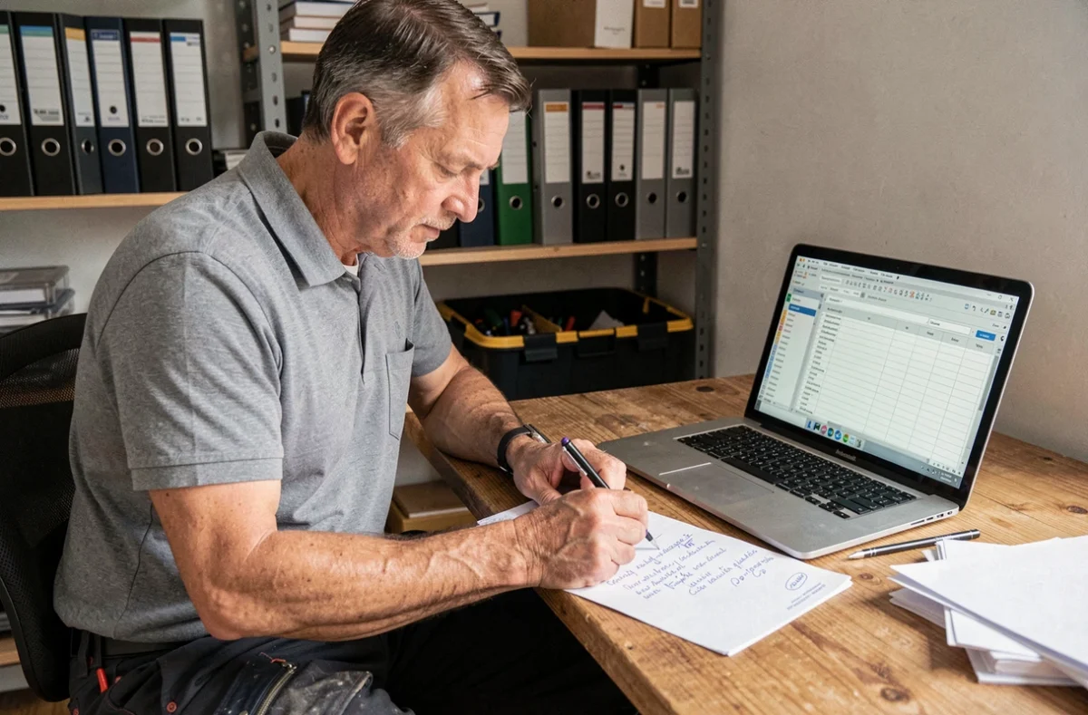 Artisan homme à tout faire remplissant un devis sur son bureau à domicile