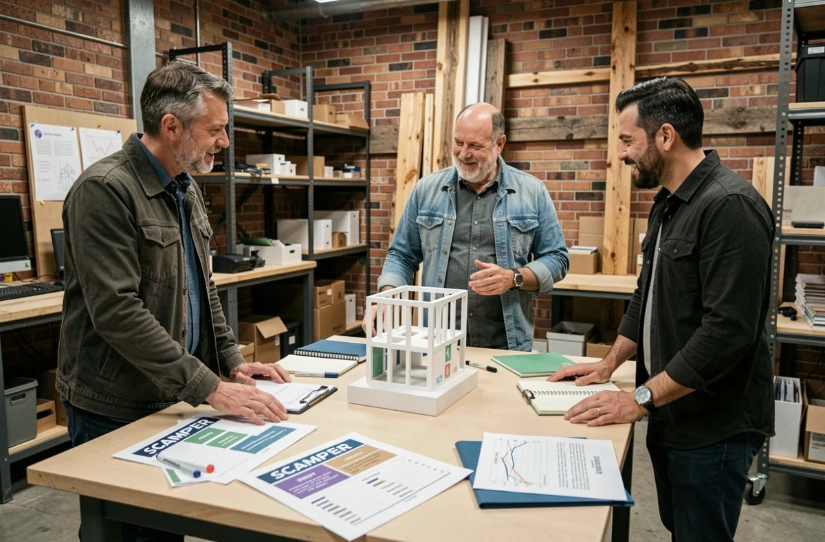 Entrepreneurs analysant des outils d'innovation stratégique comme le SCAMPER et le SWOT autour d'un prototype en atelier