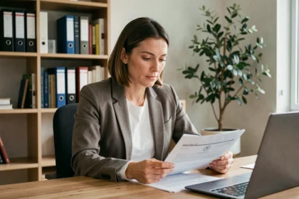 Auto-entrepreneuse consultant les documents administratifs du CCI à son bureau à domicile