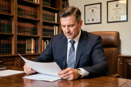Avocat belge en costume sombre assis à son bureau dans un cabinet d'avocats bruxellois, consultant des documents juridiques