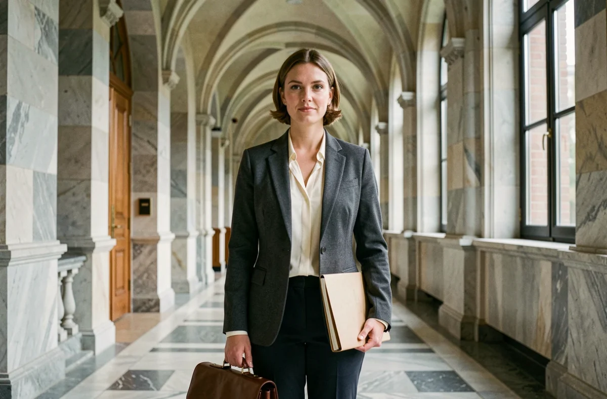 Avocate belge debout dans un couloir de palais de justice, tenant un cartable et des dossiers juridiques