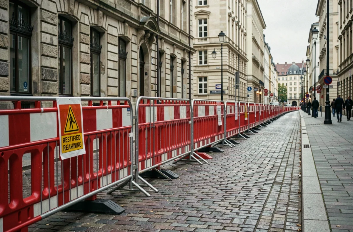 Barrières de sécurité rouge et blanc délimitant un périmètre de sécurité en zone urbaine