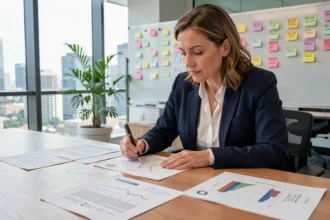 Femme professionnelle analysant des rapports de bilan d'action sur une table de réunion en entreprise