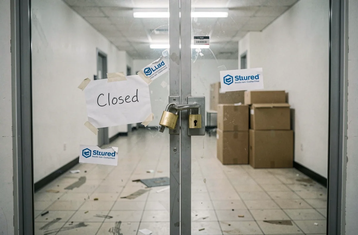 Porte vitrée fermée et cadenassée d'un bureau de startup abandonné avec un panneau 'Fermé', symbolisant l'échec et la cessation d'activité
