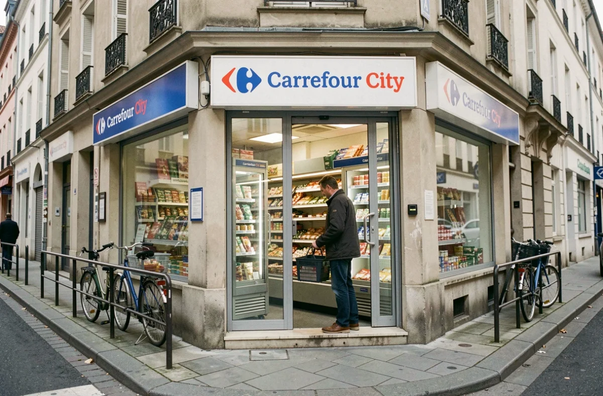 Devanture d'un magasin Carrefour City en centre-ville avec un client en train de faire ses courses