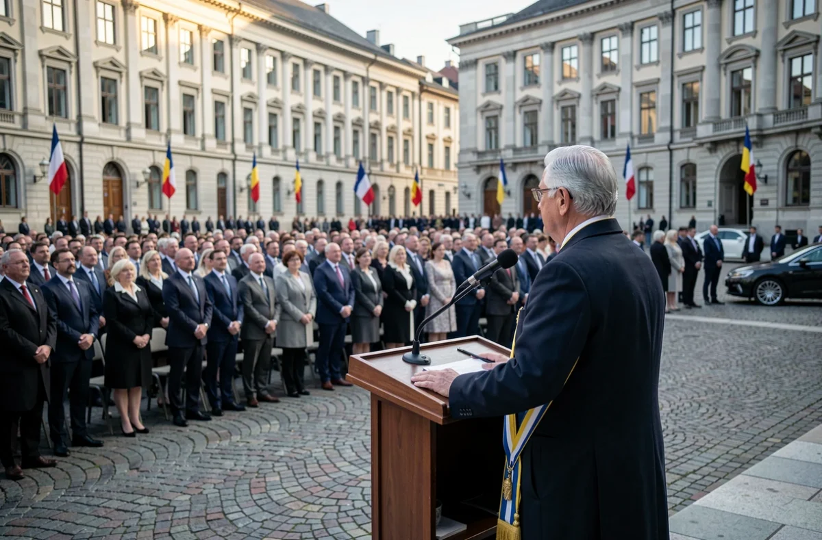 Cérémonie officielle en extérieur avec un dignitaire en manteau sombre sur un podium devant une foule assemblée sur une place historique, illustrant le rôle public et représentatif du roi