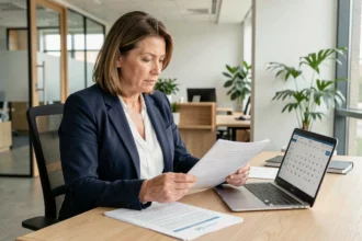 Femme cadre consultant des documents administratifs liés aux changements réglementaires de juin 2026 dans un bureau moderne