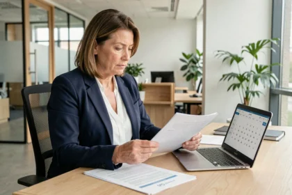 Femme cadre consultant des documents administratifs liés aux changements réglementaires de juin 2026 dans un bureau moderne
