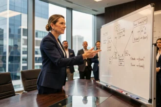 Femme coach en leadership animant une réunion stratégique dans une salle de conférence moderne