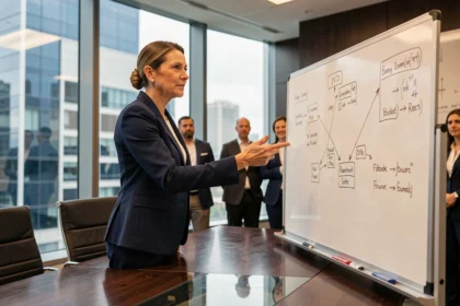 Femme coach en leadership animant une réunion stratégique dans une salle de conférence moderne