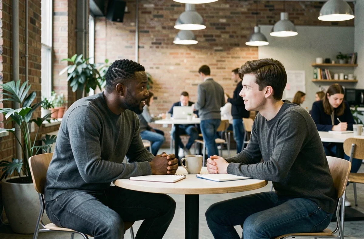 Séance de coaching en leadership entre un mentor et son collaborateur dans un espace de coworking