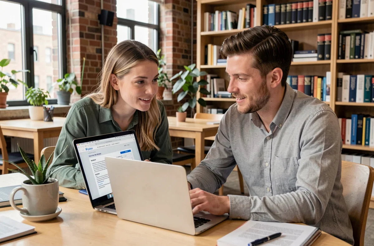 Deux collègues collaborant sur la mise en conformité à la loi 25 québécoise sur la protection des renseignements personnels dans un espace de coworking
