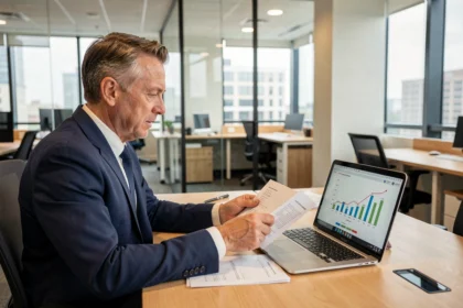 Comptable analysant des documents sur la taxe CO2 dans un bureau moderne