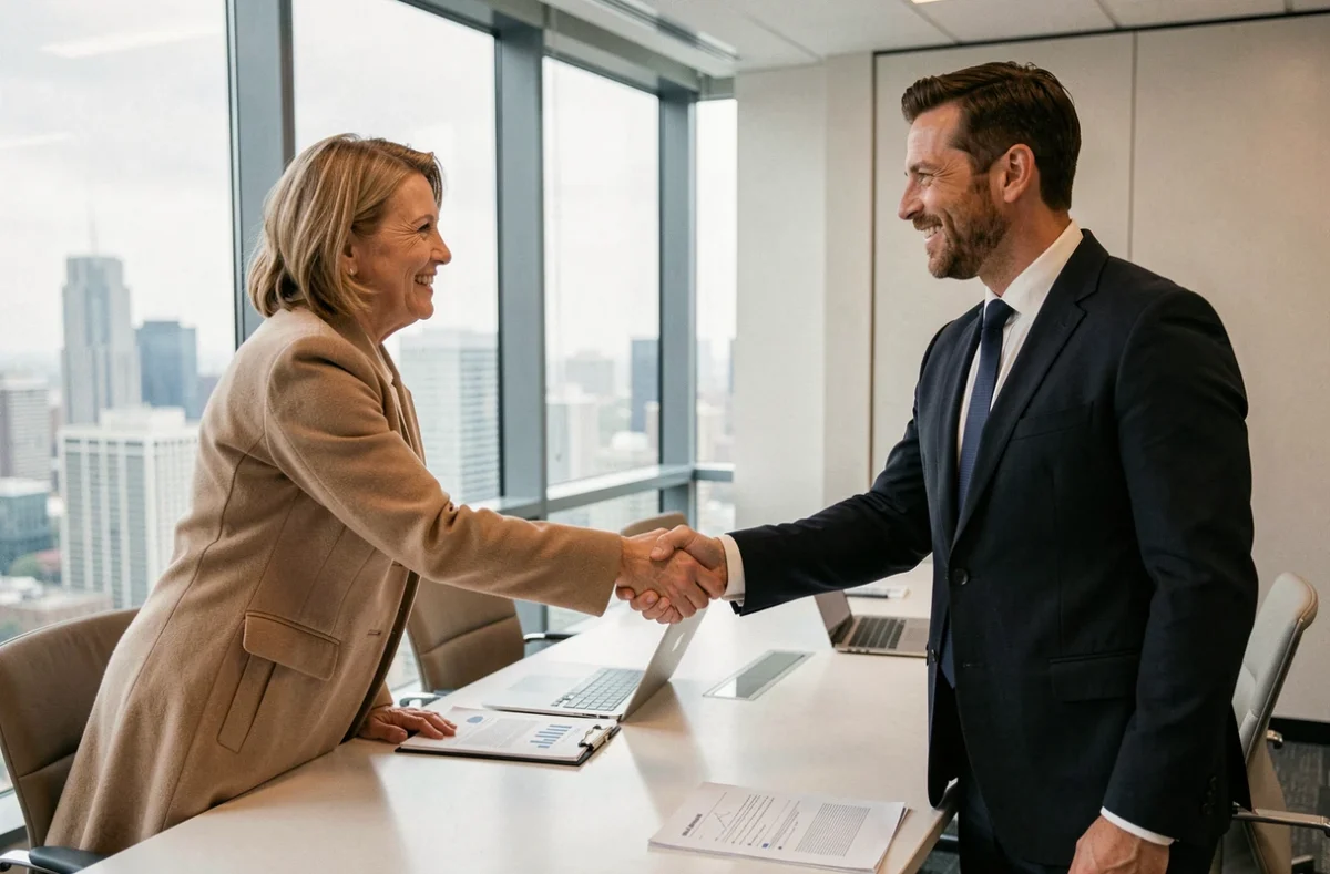 Deux professionnels échangeant une poignée de main dans une salle de réunion moderne, symbolisant la confiance et le partenariat comme fondements de la relation client