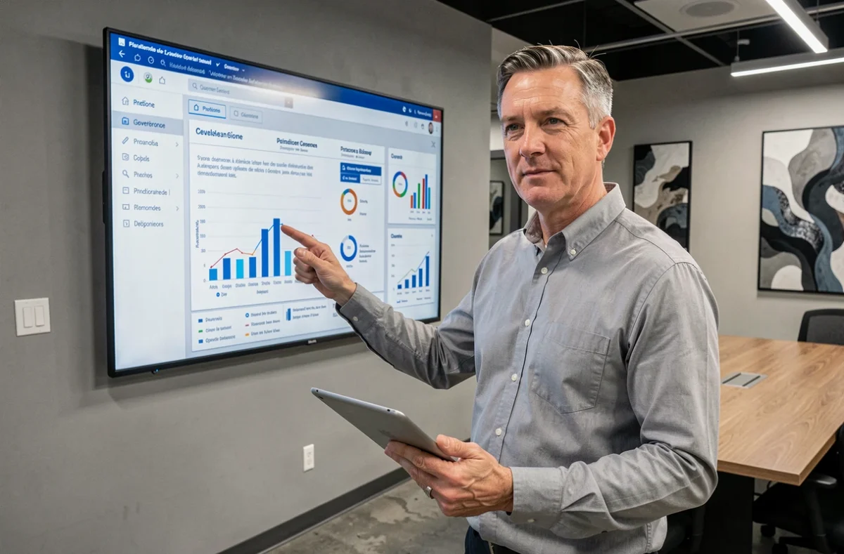 Consultant en informatique présentant un tableau de bord de conformité à la loi 25 sur la protection des renseignements personnels au Québec