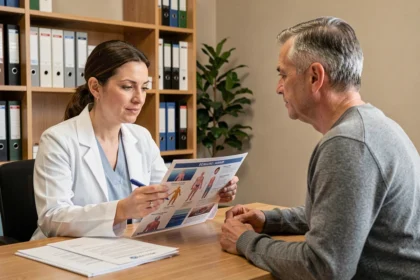 Médecin expliquant des objectifs préventifs à un patient lors d'une consultation médicale