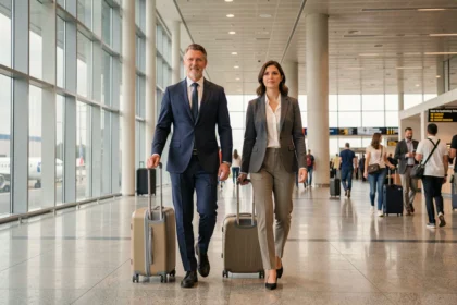 Couple professionnel marchant ensemble dans un aéroport international avec leurs bagages lors d'un voyage d'affaires