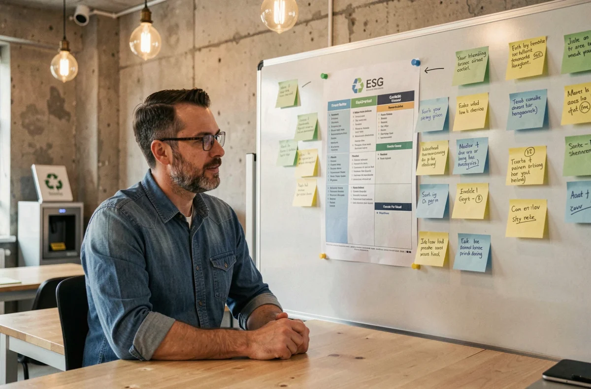 Homme analysant un cadre de critères RSE sur un tableau blanc annoté dans un espace de travail collaboratif