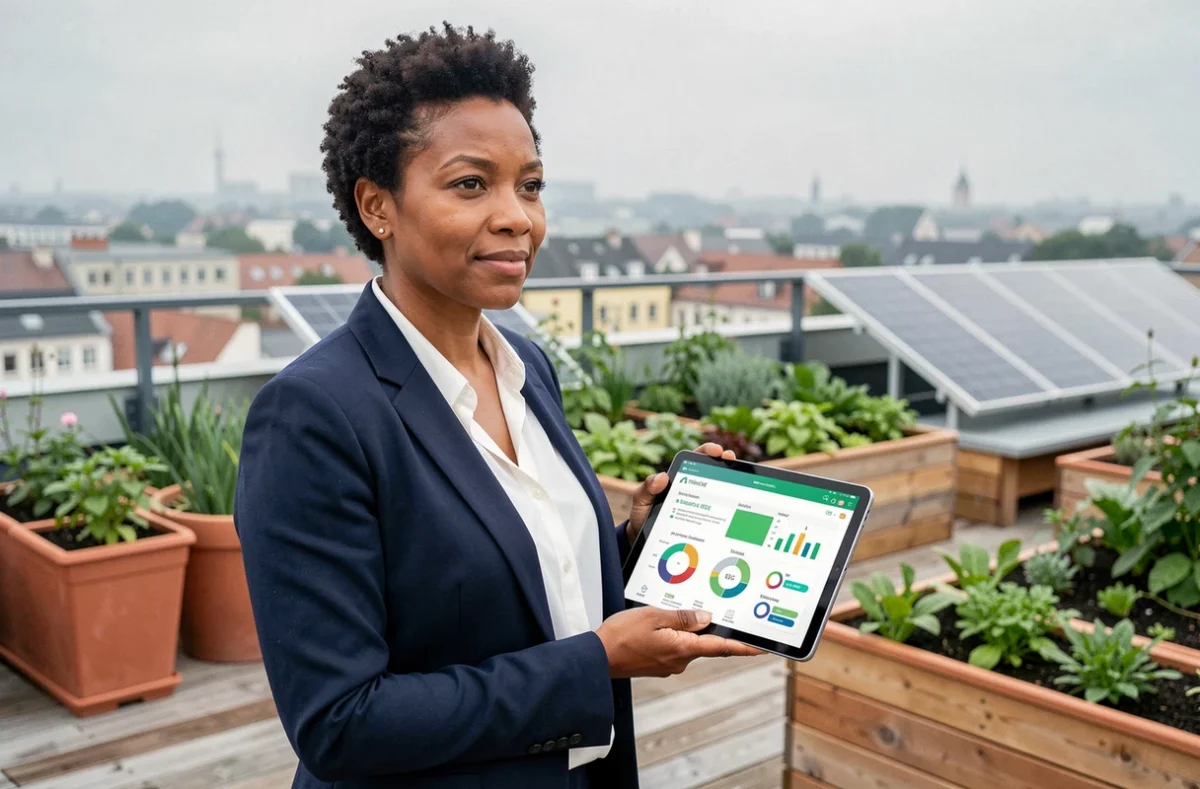 Femme cadre consultant des indicateurs RSE sur une tablette devant un jardin urbain sur toit avec panneaux solaires