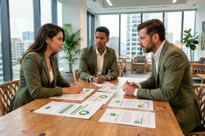 Équipe de professionnels discutant des critères RSE autour d'une table de réunion avec des rapports de développement durable