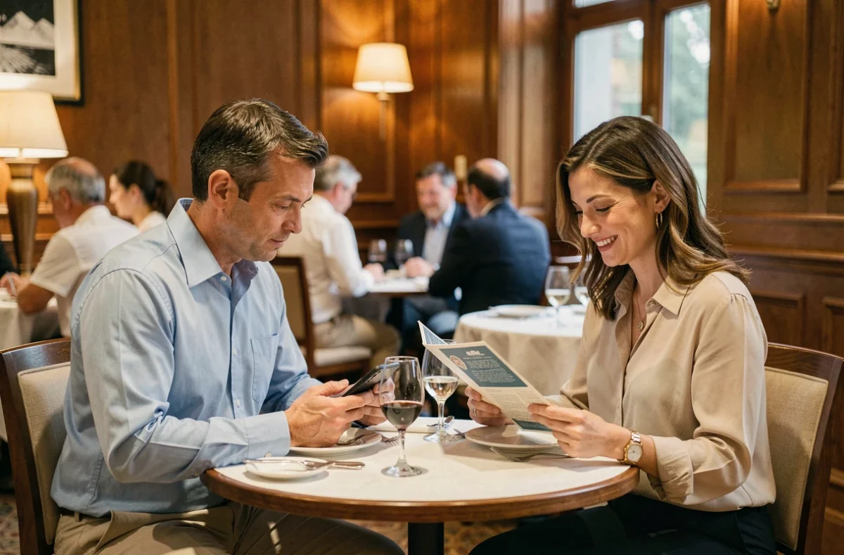 Couple dînant ensemble dans un restaurant d'hôtel lors d'un voyage d'affaires mêlant travail et vie personnelle