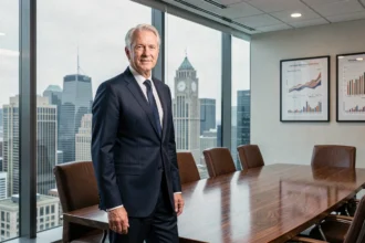 Dirigeant d'entreprise du CAC 40 dans une salle de conseil avec vue sur la skyline financière de Paris