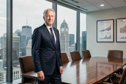Dirigeant d'entreprise du CAC 40 dans une salle de conseil avec vue sur la skyline financière de Paris