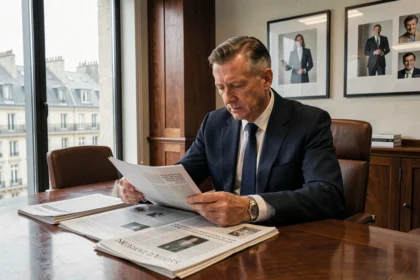 Dirigeant du groupe Le Monde assis dans une salle de conseil parisienne entouré de journaux et documents financiers