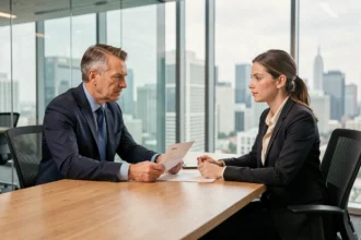 Entretien d'embauche professionnel dans une salle de réunion moderne illustrant les critères de sélection justifiés en recrutement