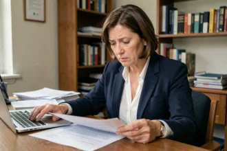 Femme consultantdes documents sur la durée maximale du chômage à son bureau à domicile