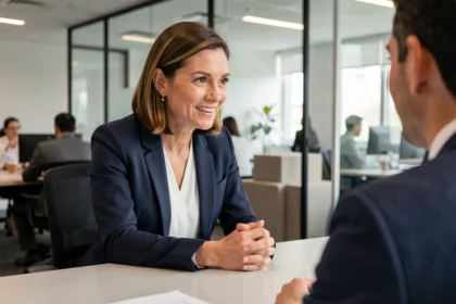 Conseillère clientèle attentive en réunion avec un client dans un bureau moderne, illustrant l'écoute active comme pilier de la relation client
