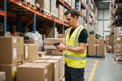 Employé de entrepôt scannant des colis dans un entrepôt logistique industriel