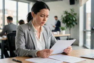 Employée de bureau relisant une lettre de demande de congés payés en arrêt maladie rétroactif sur son bureau professionnel