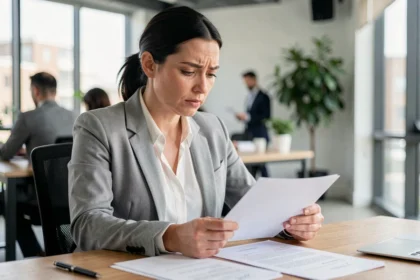 Employée de bureau relisant une lettre de demande de congés payés en arrêt maladie rétroactif sur son bureau professionnel
