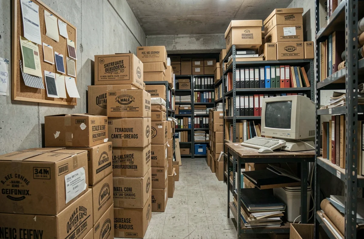 Entrepôt vintage avec boîtes et archives d'un catalogue de vente par correspondance français