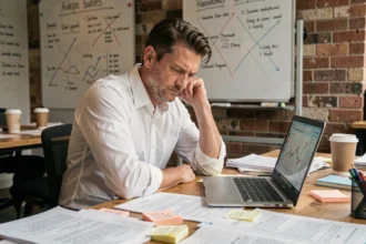 Entrepreneur épuisé assis devant un bureau encombré avec un graphique en baisse sur son ordinateur, illustrant le taux d'échec des startups