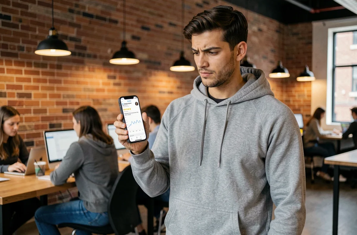 Jeune entrepreneur vérifiant sa réputation en ligne sur smartphone dans un espace de coworking